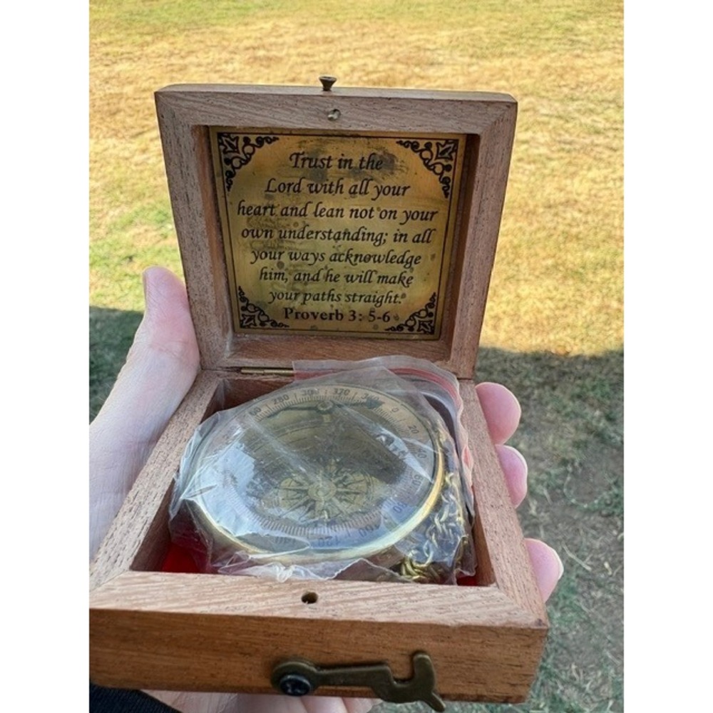 Aladean Brass Pocket Compass Proverbs 3:5-6 Scripture Wooden Box Anchor Inlay
